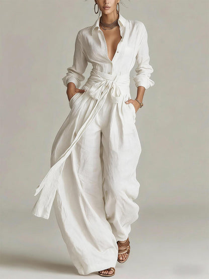 Linen Cotton 2 Piece Set For Women - Elegant Long Sleeves Belted Shirt And Wide Leg Pants - Summer Resort Style 2026