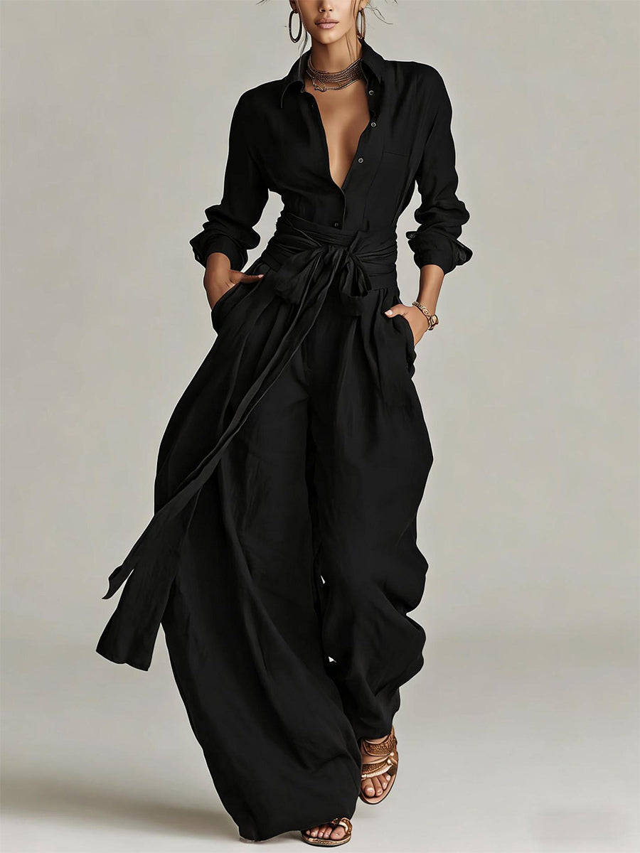 Linen Cotton 2 Piece Set For Women - Elegant Long Sleeves Belted Shirt And Wide Leg Pants - Summer Resort Style 2026