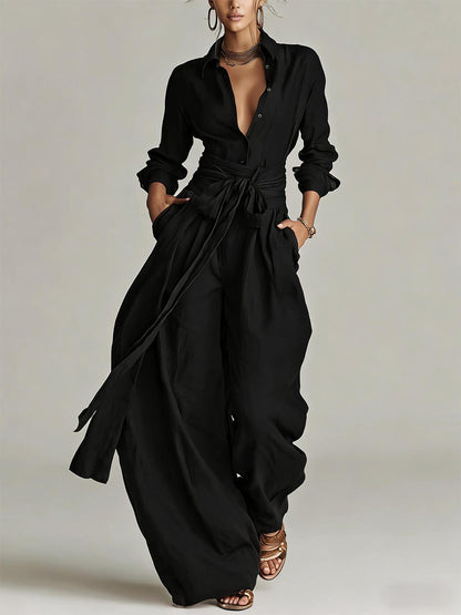 Linen Cotton 2 Piece Set For Women - Elegant Long Sleeves Belted Shirt And Wide Leg Pants - Summer Resort Style 2026