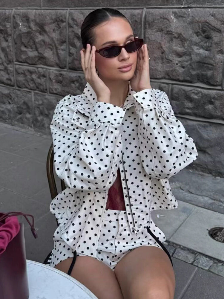Polka Dot 2 Piece Set For Women - Casual Crop Jacket And Shorts - Spring Streetwear 2026