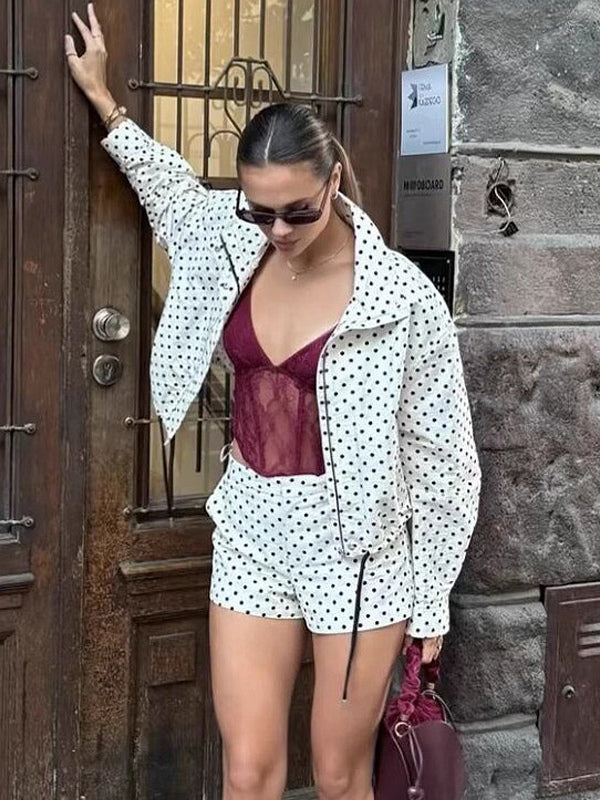 Polka Dot 2 Piece Set For Women - Casual Crop Jacket And Shorts - Spring Streetwear 2026