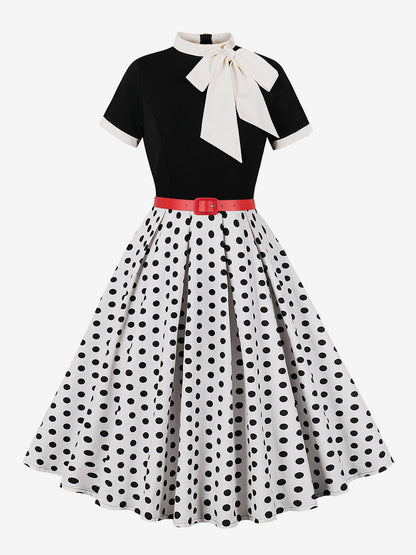 Vintage 1950s Midi Dress For Women - Bow Tie Neck Printed A-Line Swing Dress - Spring Tea Party 2026