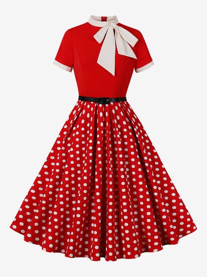 Vintage 1950s Midi Dress For Women - Bow Tie Neck Printed A-Line Swing Dress - Spring Tea Party 2026