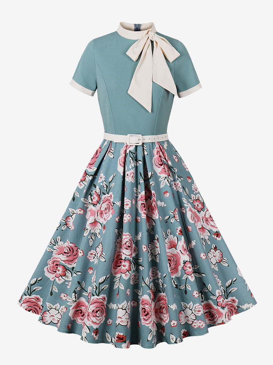 Vintage 1950s Midi Dress For Women - Bow Tie Neck Printed A-Line Swing Dress - Spring Tea Party 2026