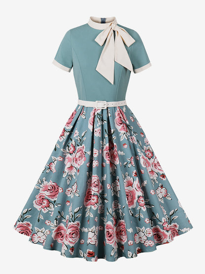 Vintage 1950s Midi Dress For Women - Bow Tie Neck Printed A-Line Swing Dress - Spring Tea Party 2026