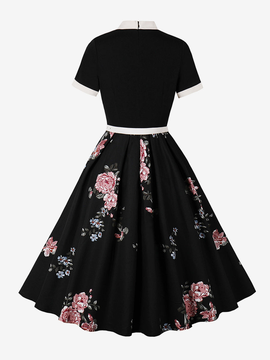 Vintage 1950s Midi Dress For Women - Bow Tie Neck Printed A-Line Swing Dress - Spring Tea Party 2026