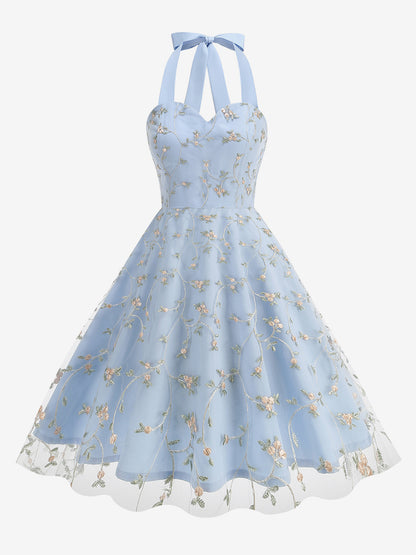 Vintage 1950s Floral Midi Dress For Women - Halter Neck Mesh Embroidery A-Line Sundress - Spring Garden Wedding Guest 2026