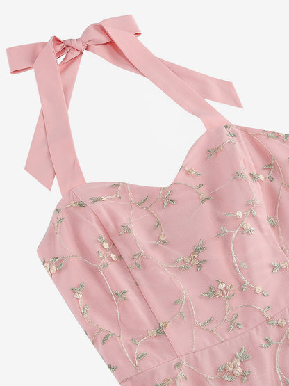 Vintage 1950s Floral Midi Dress For Women - Halter Neck Mesh Embroidery A-Line Sundress - Spring Garden Wedding Guest 2026