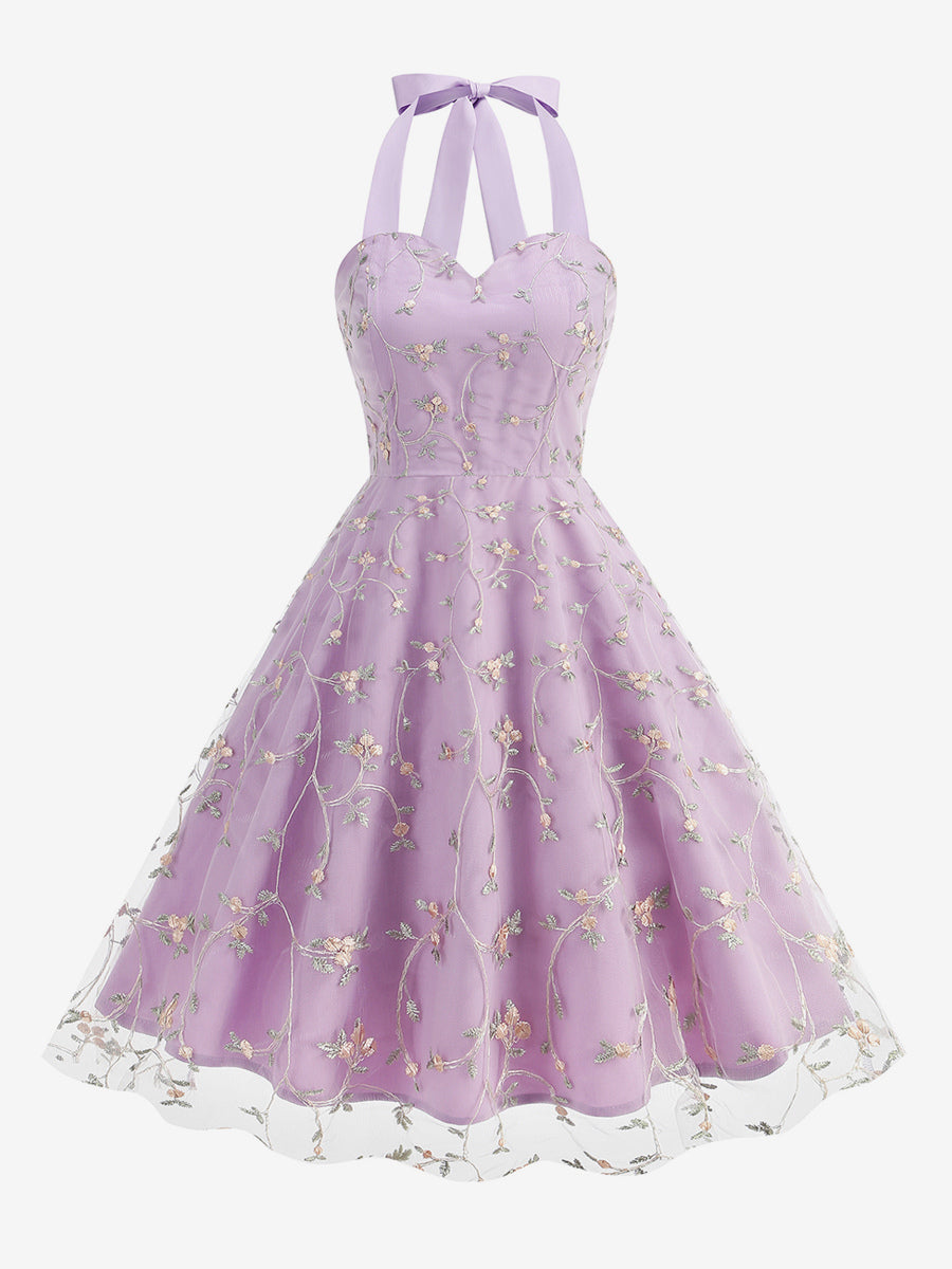 Vintage 1950s Floral Midi Dress For Women - Halter Neck Mesh Embroidery A-Line Sundress - Spring Garden Wedding Guest 2026
