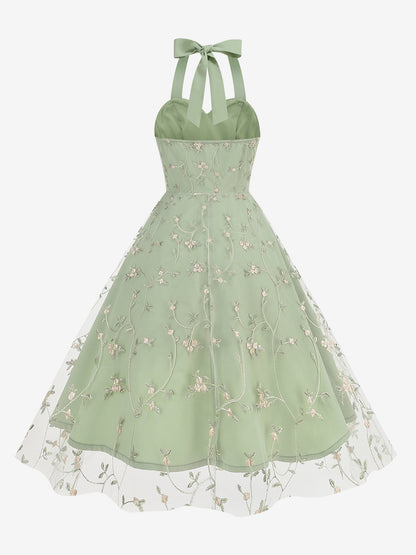 Vintage 1950s Floral Midi Dress For Women - Halter Neck Mesh Embroidery A-Line Sundress - Spring Garden Wedding Guest 2026