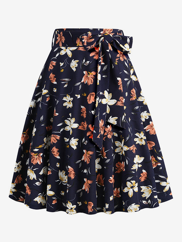 Vintage 1950s Printed Skirt For Women - Retro High Waisted A-Line Swing Midi Skirt With Belt - Summer Tropical Party 2026