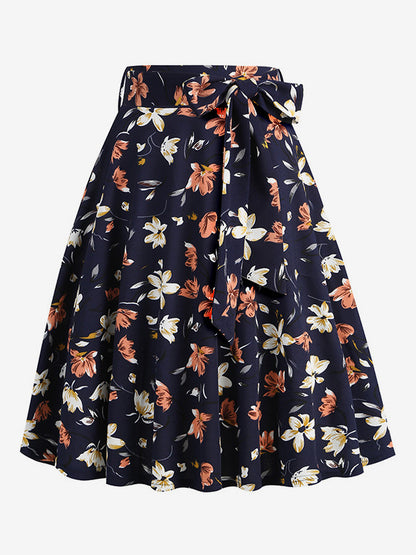 Vintage 1950s Printed Skirt For Women - Retro High Waisted A-Line Swing Midi Skirt With Belt - Summer Tropical Party 2026