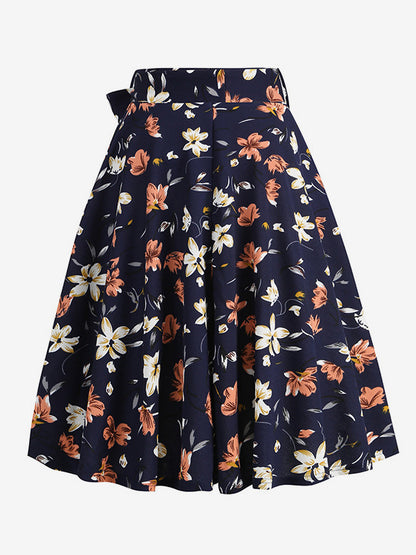 Vintage 1950s Printed Skirt For Women - Retro High Waisted A-Line Swing Midi Skirt With Belt - Summer Tropical Party 2026