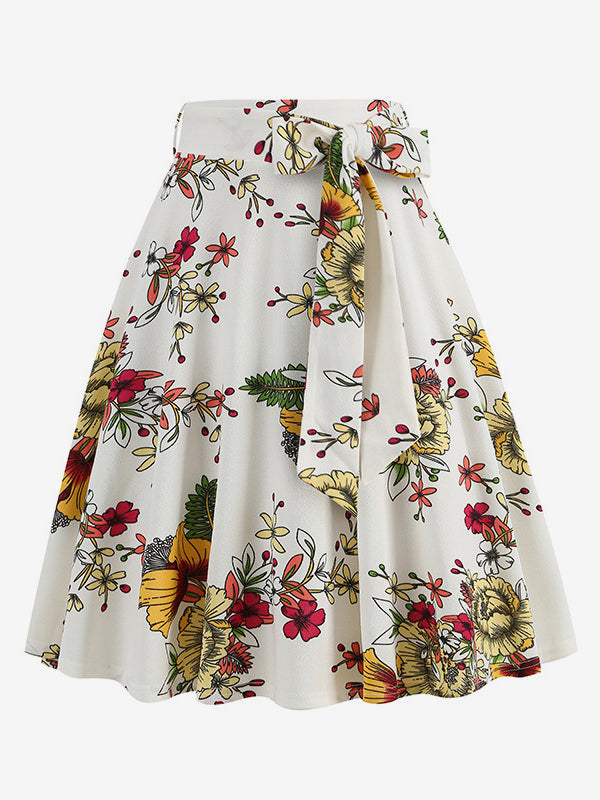 Vintage 1950s Printed Skirt For Women - Retro High Waisted A-Line Swing Midi Skirt With Belt - Summer Tropical Party 2026