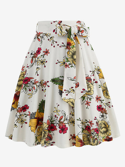 Vintage 1950s Printed Skirt For Women - Retro High Waisted A-Line Swing Midi Skirt With Belt - Summer Tropical Party 2026