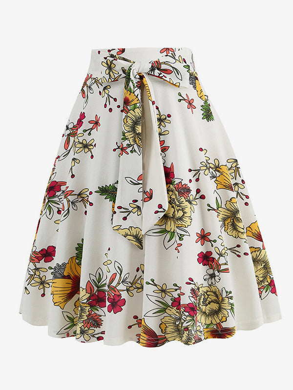 Vintage 1950s Printed Skirt For Women - Retro High Waisted A-Line Swing Midi Skirt With Belt - Summer Tropical Party 2026