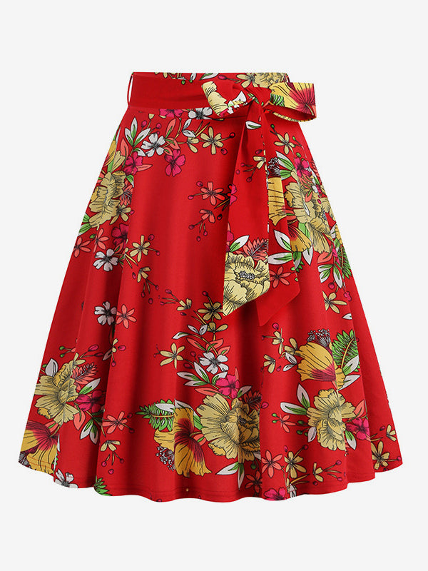 Vintage 1950s Printed Skirt For Women - Retro High Waisted A-Line Swing Midi Skirt With Belt - Summer Tropical Party 2026