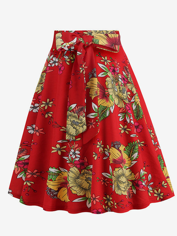 Vintage 1950s Printed Skirt For Women - Retro High Waisted A-Line Swing Midi Skirt With Belt - Summer Tropical Party 2026