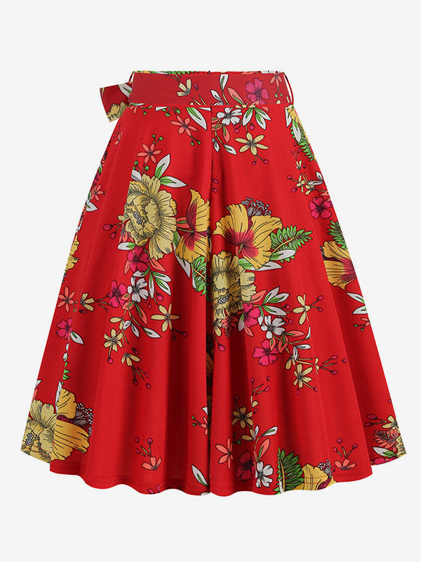 Vintage 1950s Printed Skirt For Women - Retro High Waisted A-Line Swing Midi Skirt With Belt - Summer Tropical Party 2026