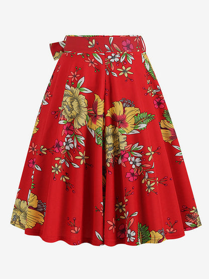 Vintage 1950s Printed Skirt For Women - Retro High Waisted A-Line Swing Midi Skirt With Belt - Summer Tropical Party 2026