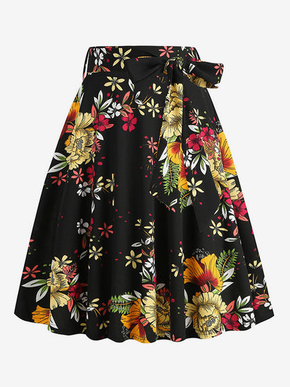Vintage 1950s Printed Skirt For Women - Retro High Waisted A-Line Swing Midi Skirt With Belt - Summer Tropical Party 2026
