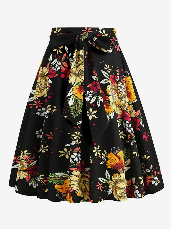 Vintage 1950s Printed Skirt For Women - Retro High Waisted A-Line Swing Midi Skirt With Belt - Summer Tropical Party 2026