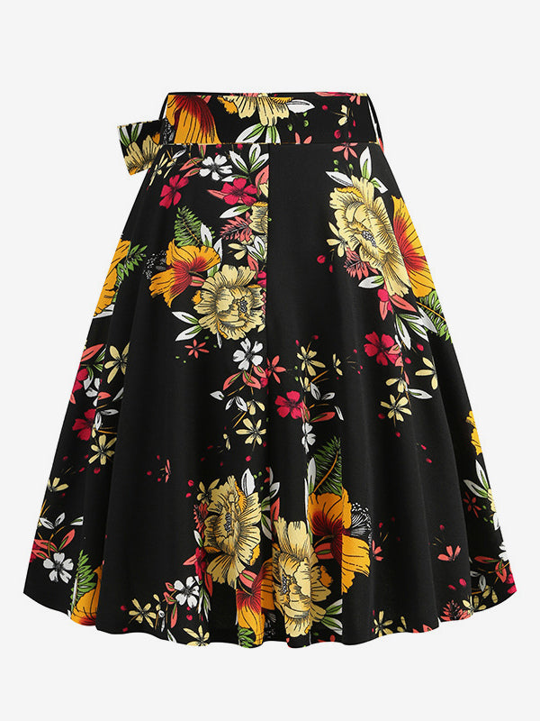 Vintage 1950s Printed Skirt For Women - Retro High Waisted A-Line Swing Midi Skirt With Belt - Summer Tropical Party 2026