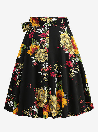 Vintage 1950s Printed Skirt For Women - Retro High Waisted A-Line Swing Midi Skirt With Belt - Summer Tropical Party 2026