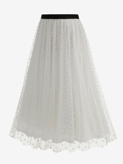 Elegant Heart Tulle Skirt For Women - Fluffy Mesh High Waisted A-Line Long Skirt - Spring Summer Party Wear 2026