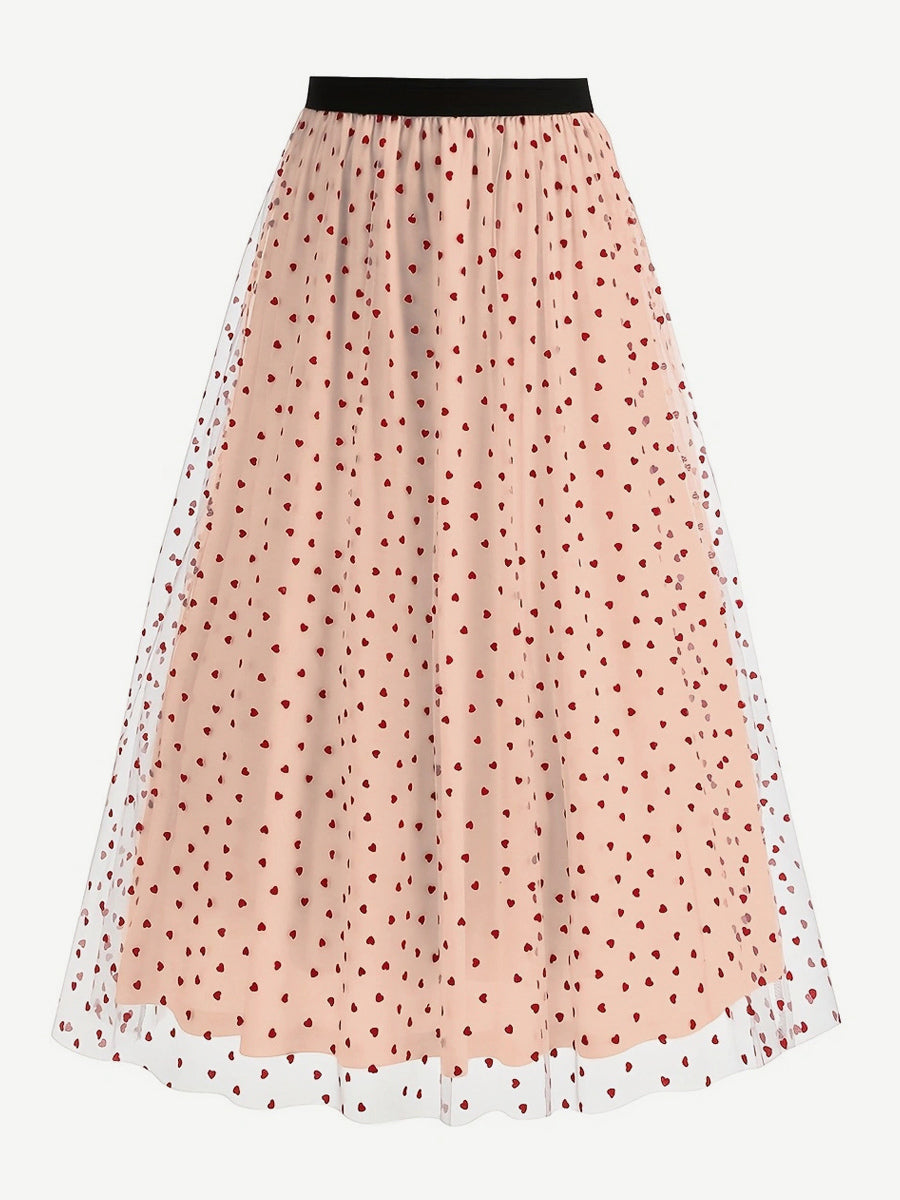 Elegant Heart Tulle Skirt For Women - Fluffy Mesh High Waisted A-Line Long Skirt - Spring Summer Party Wear 2026