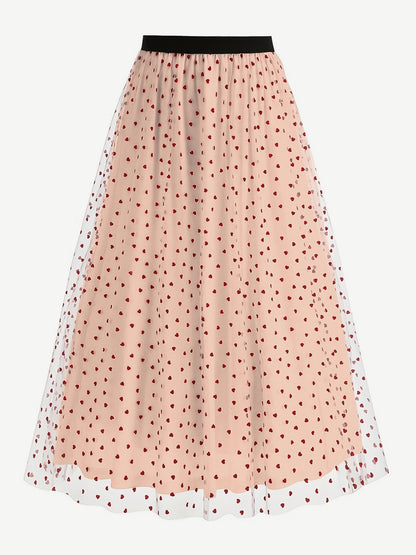 Elegant Heart Tulle Skirt For Women - Fluffy Mesh High Waisted A-Line Long Skirt - Spring Summer Party Wear 2026