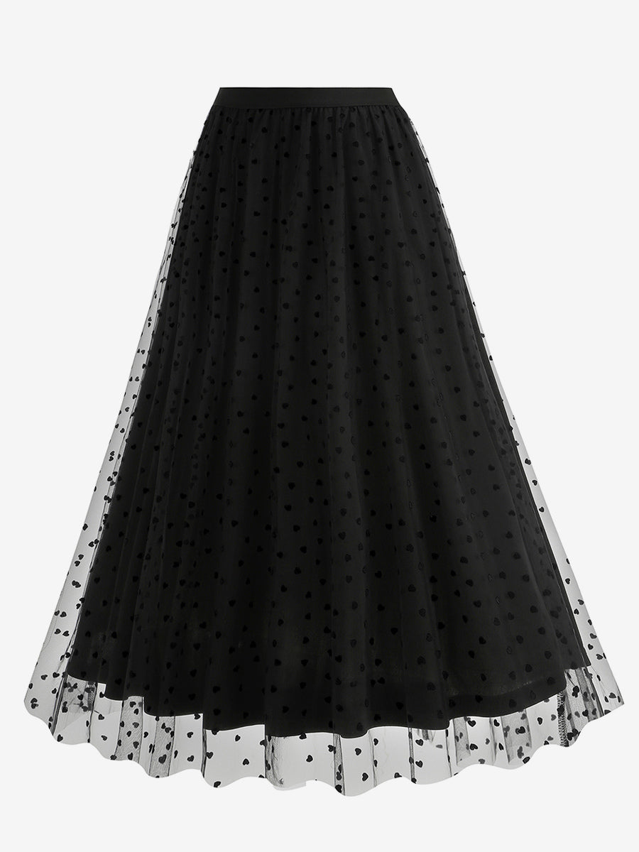Elegant Heart Tulle Skirt For Women - Fluffy Mesh High Waisted A-Line Long Skirt - Spring Summer Party Wear 2026