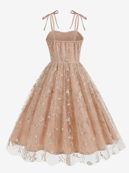 Vintage 1950s Floral Prom Dress For Women - Embroidery Mesh Tie-Shoulder A-Line Swing Midi Dress - Summer Cocktail 2026
