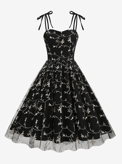 Vintage 1950s Floral Prom Dress For Women - Embroidery Mesh Tie-Shoulder A-Line Swing Midi Dress - Summer Cocktail 2026