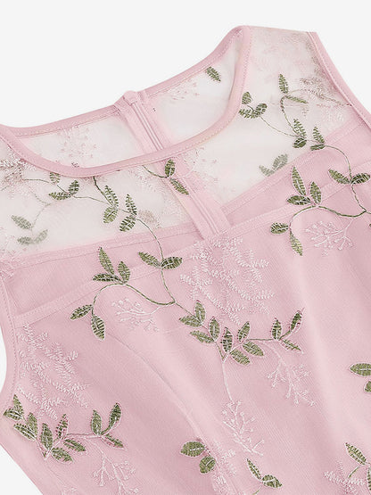Vintage 1950s Floral Midi Dress For Women - Embroidery Mesh Illusion Neck A-Line Swing Prom Dress - Summer Cocktail 2026