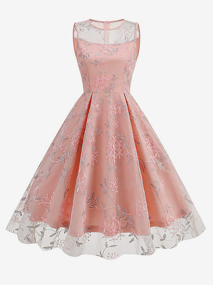 Vintage 1950s Floral Midi Dress For Women - Embroidery Mesh Illusion Neck A-Line Swing Prom Dress - Summer Cocktail 2026