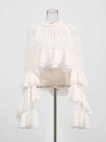 Victorian Ruffle Blouse For Women - Fairycore Mock Neck Tiered Flare Sleeve Sheer Top - Spring Date Night Party 2026