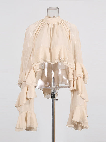 Victorian Ruffle Blouse For Women - Fairycore Mock Neck Tiered Flare Sleeve Sheer Top - Spring Date Night Party 2026