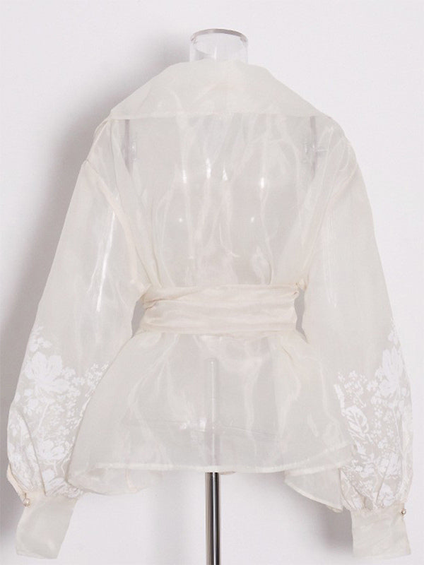 Embroidered Organza Blouses Puff Sleeve Tops For Women - Apricot Boho Tie Waist Sheer Wrap Shirt - Summer Garden Party 2026