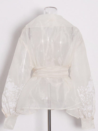 Embroidered Organza Blouses Puff Sleeve Tops For Women - Apricot Boho Tie Waist Sheer Wrap Shirt - Summer Garden Party 2026