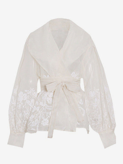Embroidered Organza Blouses Puff Sleeve Tops For Women - Apricot Boho Tie Waist Sheer Wrap Shirt - Summer Garden Party 2026