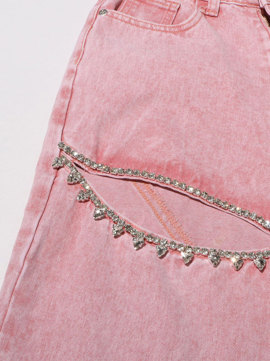 Cutout Rhinestone Pink Jeans For Women - High Waist Wide Leg Y2K Denim Pants - Summer Night Out Streetwear 2026