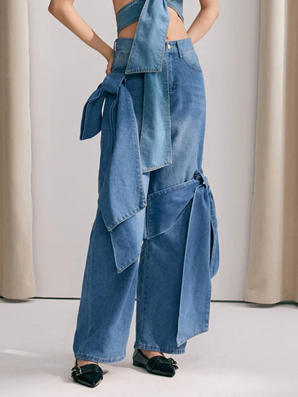Bow Knot Wide Leg Jeans For Women - Medium Blue Y2K Aesthetic High Waist Baggy Denim Trousers - Spring Streetwear 2026