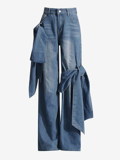 Bow Knot Wide Leg Jeans For Women - Medium Blue Y2K Aesthetic High Waist Baggy Denim Trousers - Spring Streetwear 2026