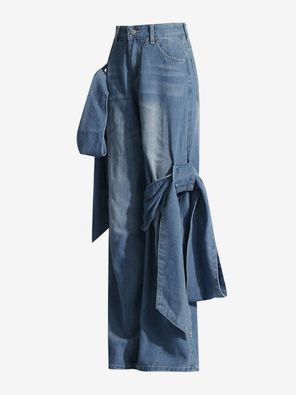 Bow Knot Wide Leg Jeans For Women - Medium Blue Y2K Aesthetic High Waist Baggy Denim Trousers - Spring Streetwear 2026