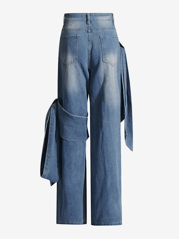 Bow Knot Wide Leg Jeans For Women - Medium Blue Y2K Aesthetic High Waist Baggy Denim Trousers - Spring Streetwear 2026
