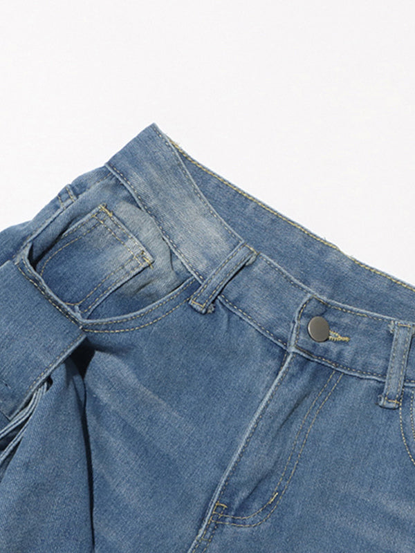 Bow Knot Wide Leg Jeans For Women - Medium Blue Y2K Aesthetic High Waist Baggy Denim Trousers - Spring Streetwear 2026