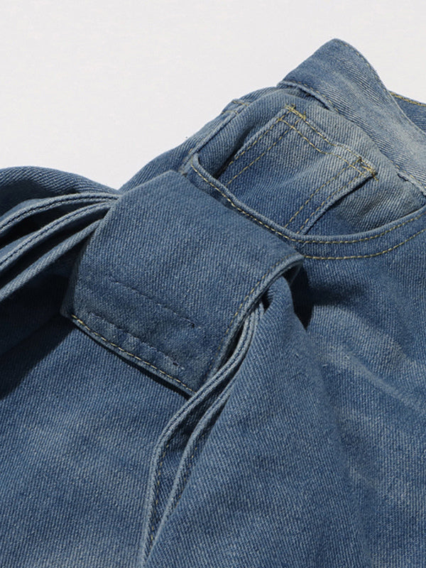 Bow Knot Wide Leg Jeans For Women - Medium Blue Y2K Aesthetic High Waist Baggy Denim Trousers - Spring Streetwear 2026