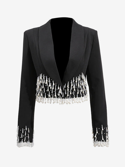 Beaded Tassel Blazer Jacket For Women - Fringe Cropped Shawl Lapel Black Party Coat - Spring Evening 2026