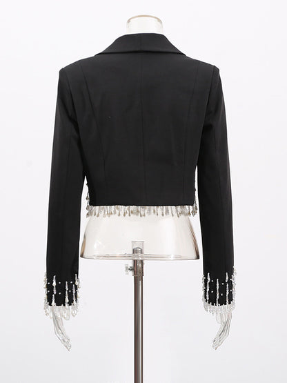 Beaded Tassel Blazer Jacket For Women - Fringe Cropped Shawl Lapel Black Party Coat - Spring Evening 2026